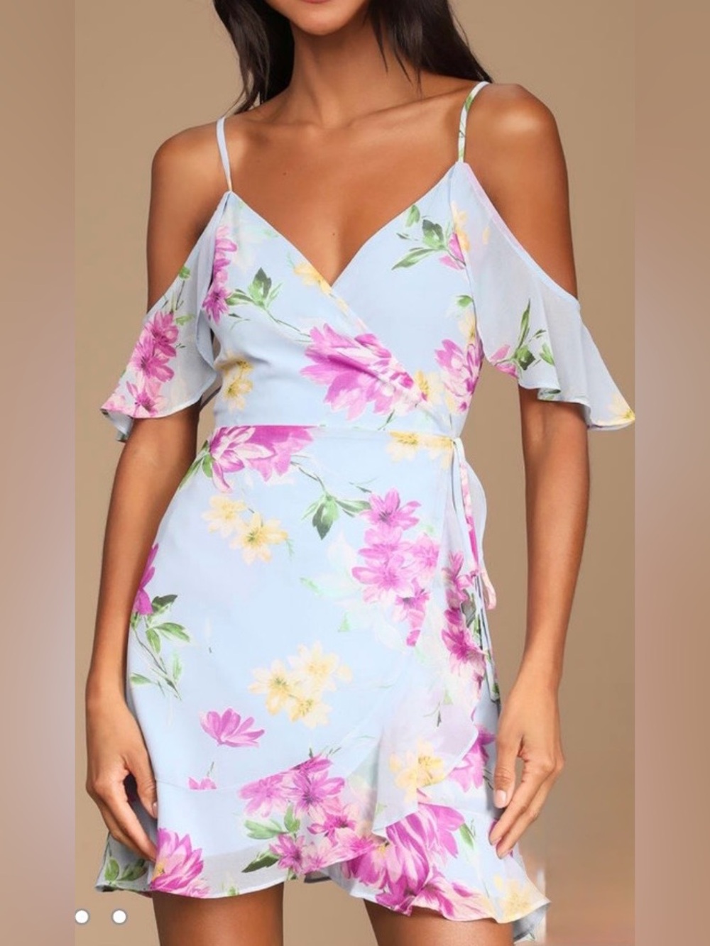 Lulus Blooming Blue Floral Print Off the Shoulder Wrap Dress. Size: Small